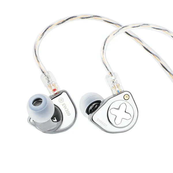 Auriculares IEM SIMGOT EW300 con drivers tribrid: dinámico, planar y piezoeléctrico, en diseño en-ear con cable y acabado elegante