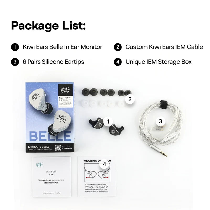 Auriculares IEM Kiwi Ears Belle con driver dinámico de 10 mm y diafragma DLC, monitores in-ear de alta fidelidad.