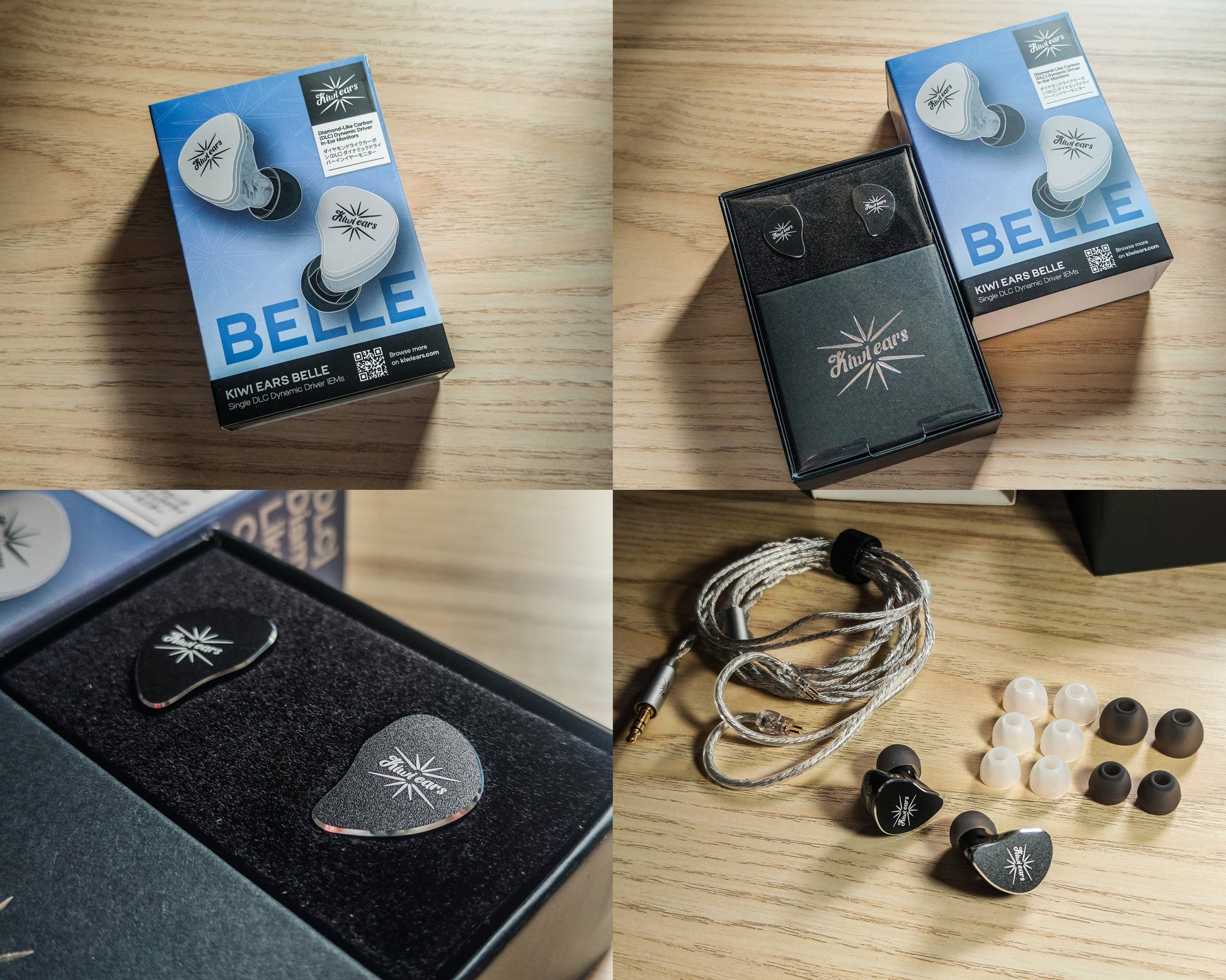 Auriculares IEM Kiwi Ears Belle con driver dinámico de 10 mm y diafragma DLC, en color negro, vista frontal