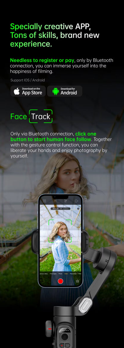 Estabilizador de mano AOCHUAN SmartXE de 3 ejes para smartphone con seguimiento facial IA, compatible con iPhone y Android.