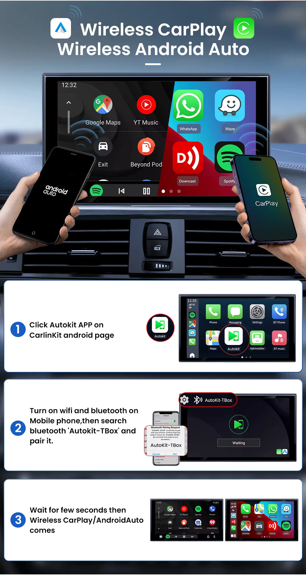 Caja Android CarlinKit CarPlay AI con procesador SM6225 de 8 núcleos, chip 4G, 8GB RAM y 128GB de almacenamiento, para coche.