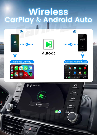 Receptor CarlinKit CarPlay AI TV Box con procesador Android 13, compatible con CarPlay, Android Auto, Wi-Fi, 4G LTE y streaming.