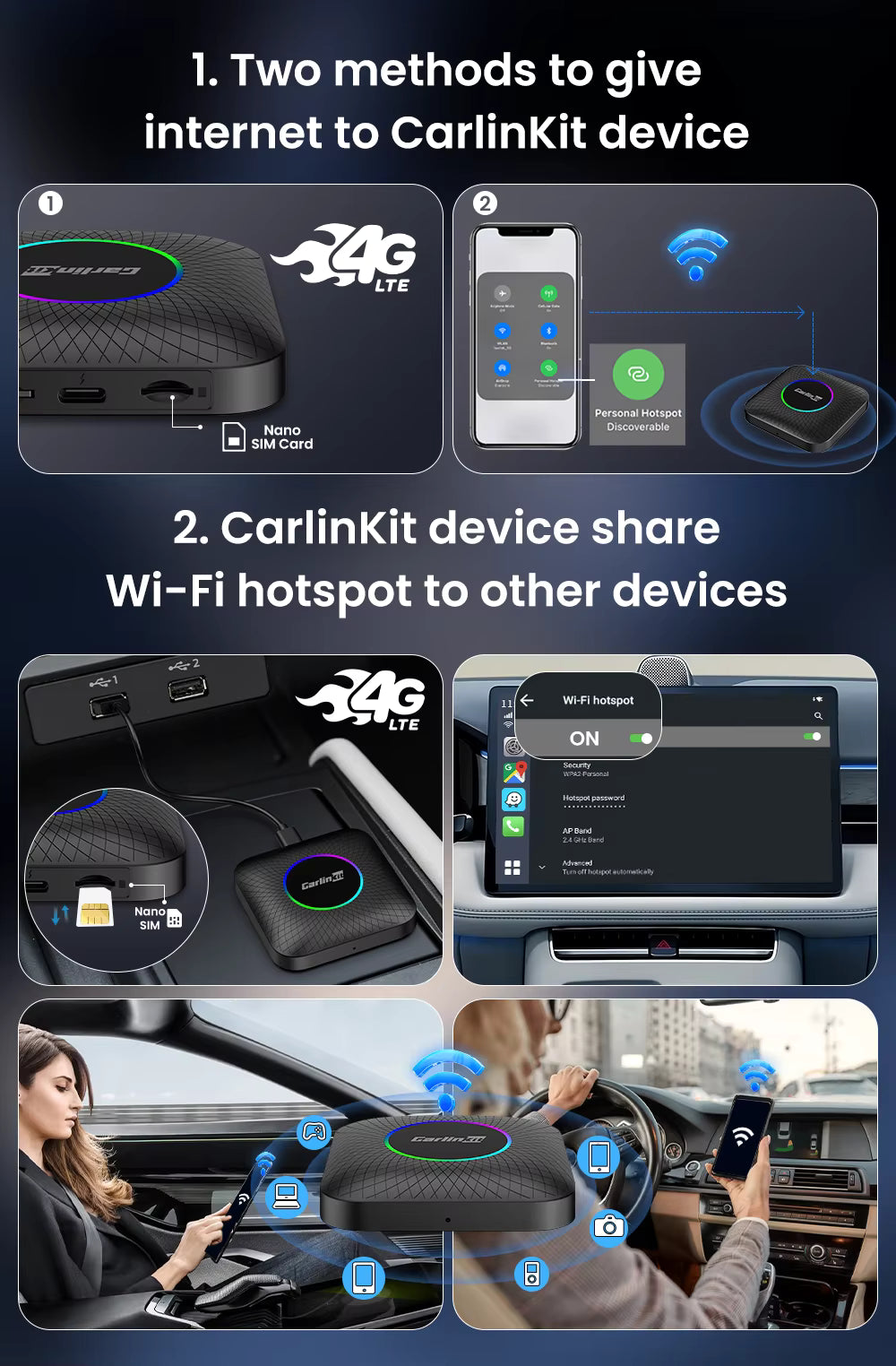 Caja Android CarlinKit CarPlay AI con procesador SM6225, 8GB RAM, 128GB, compatible con Android Auto y CarPlay inalámbricos.