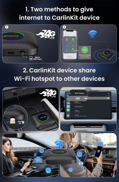 Caja Android CarlinKit CarPlay AI con procesador SM6225, 8GB RAM, 128GB, compatible con Android Auto y CarPlay inalámbricos.