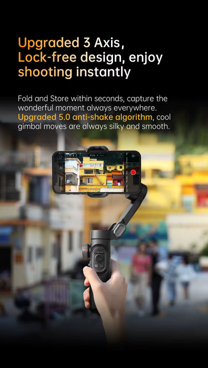 Estabilizador de mano AOCHUAN SmartXE de 3 ejes para smartphone, compatible con iPhone y Android, con seguimiento facial IA.
