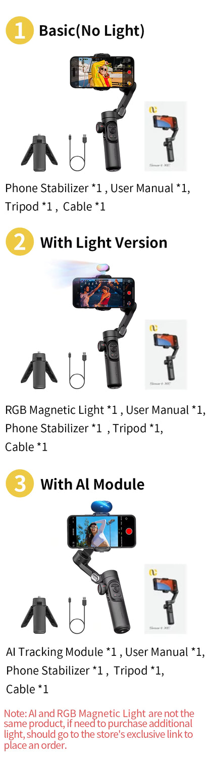Estabilizador de mano AOCHUAN SmartXE de 3 ejes para smartphone, compatible con iPhone y Android, con seguimiento facial IA.