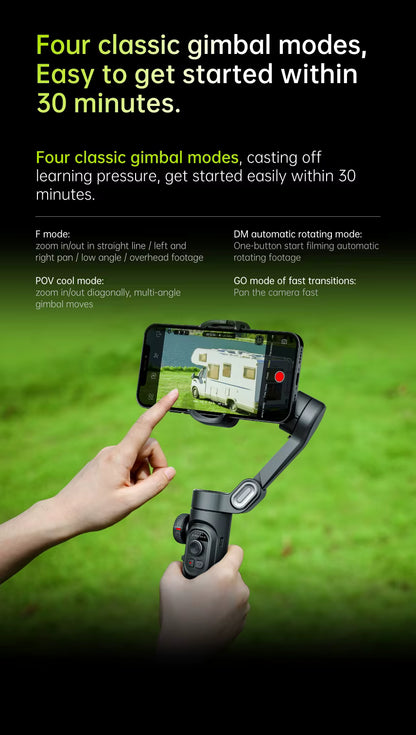 Estabilizador de mano AOCHUAN SmartXE de 3 ejes para smartphone, compatible con iPhone y Android, con seguimiento facial AI.