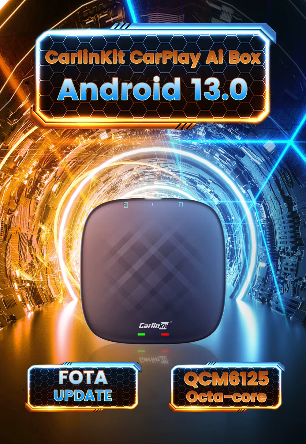 Caja de tecnología CarlinKit CarPlay AI TV con Android 13, procesador QCM6125, compatibilidad con CarPlay y Android Auto inalámbricos.