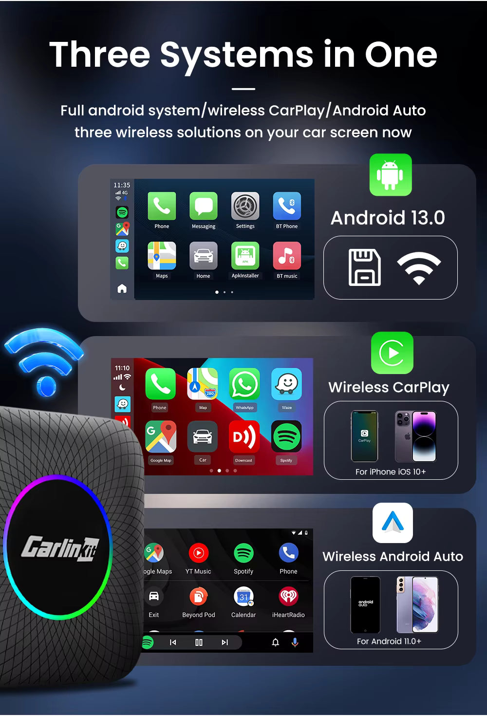 Cajas de tecnología CARLINKIT CarlinKit CarPlay AI con procesador Android 13, chip 4G, 8GB RAM, 128GB almacenamiento y funciones inalámbricas