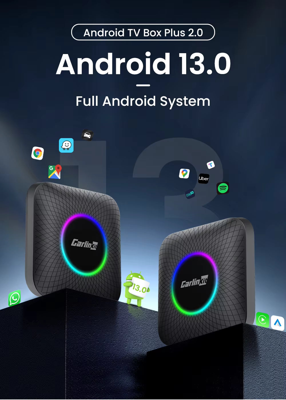 Caja de tecnología CarlinKit CarPlay AI con procesador Android 13, 8GB RAM y 128GB almacenamiento, compatible con Android Auto y CarPlay inalámbrico.