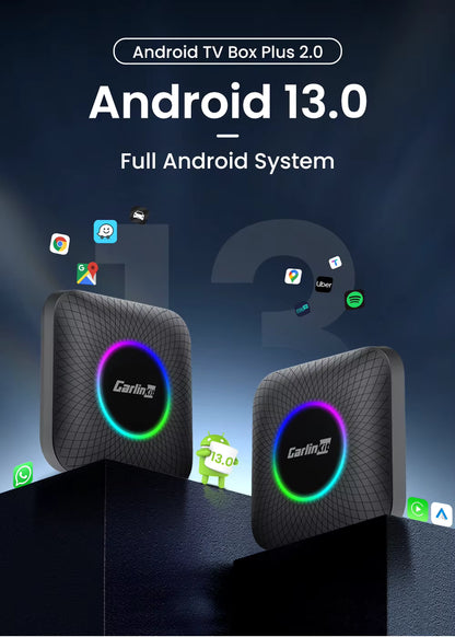 Caja de tecnología CarlinKit CarPlay AI con procesador Android 13, 8GB RAM y 128GB almacenamiento, compatible con Android Auto y CarPlay inalámbrico.