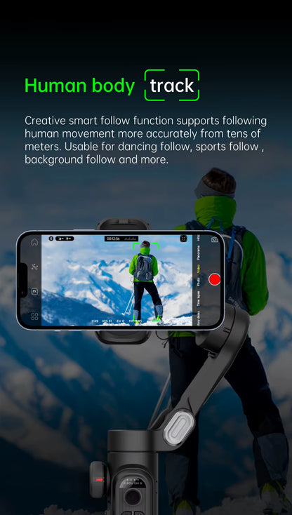 Estabilizador de mano AOCHUAN SmartXE de 3 ejes para smartphone, compatible con iPhone y Android, con seguimiento facial IA.