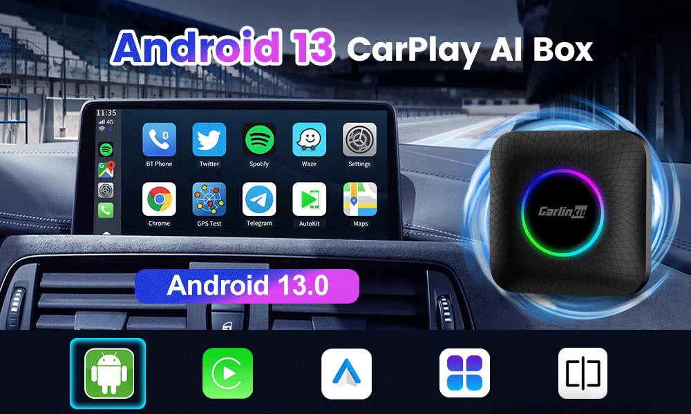 Cajas de tecnología CarlinKit CarPlay AI Box con Android 13, procesador 8 núcleos, chip 4G, 8GB RAM y 128GB almacenamiento.