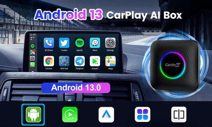 Cajas de tecnología CarlinKit CarPlay AI Box con Android 13, procesador 8 núcleos, chip 4G, 8GB RAM y 128GB almacenamiento.