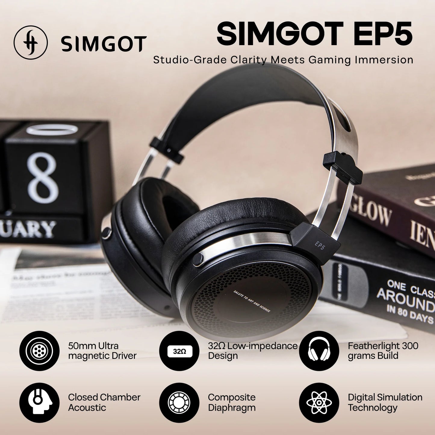 Auriculares SIMGOT EP5 de diadema con driver dinámico de 50 mm y diseño over-ear para sonido de alta calidad.