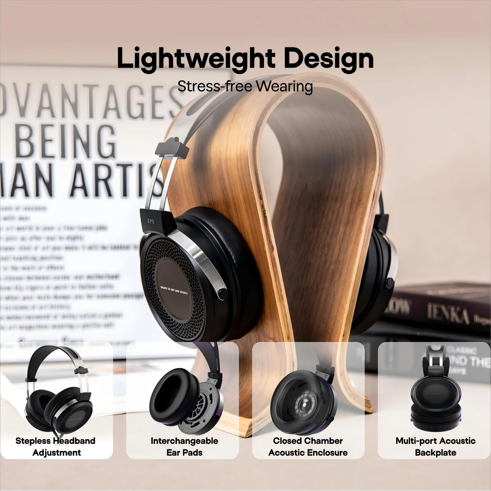Auriculares SIMGOT EP5 de diadema con driver dinámico de 50 mm y diseño sobre la oreja para audio de alta calidad.