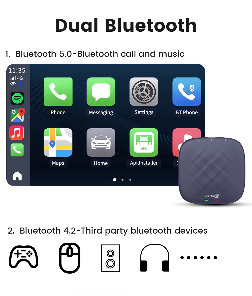 Caja de TV CarlinKit CarPlay AI con Android 13, procesador QCM6125, 4GB RAM, 64GB, compatible con Android Auto y YouTube.