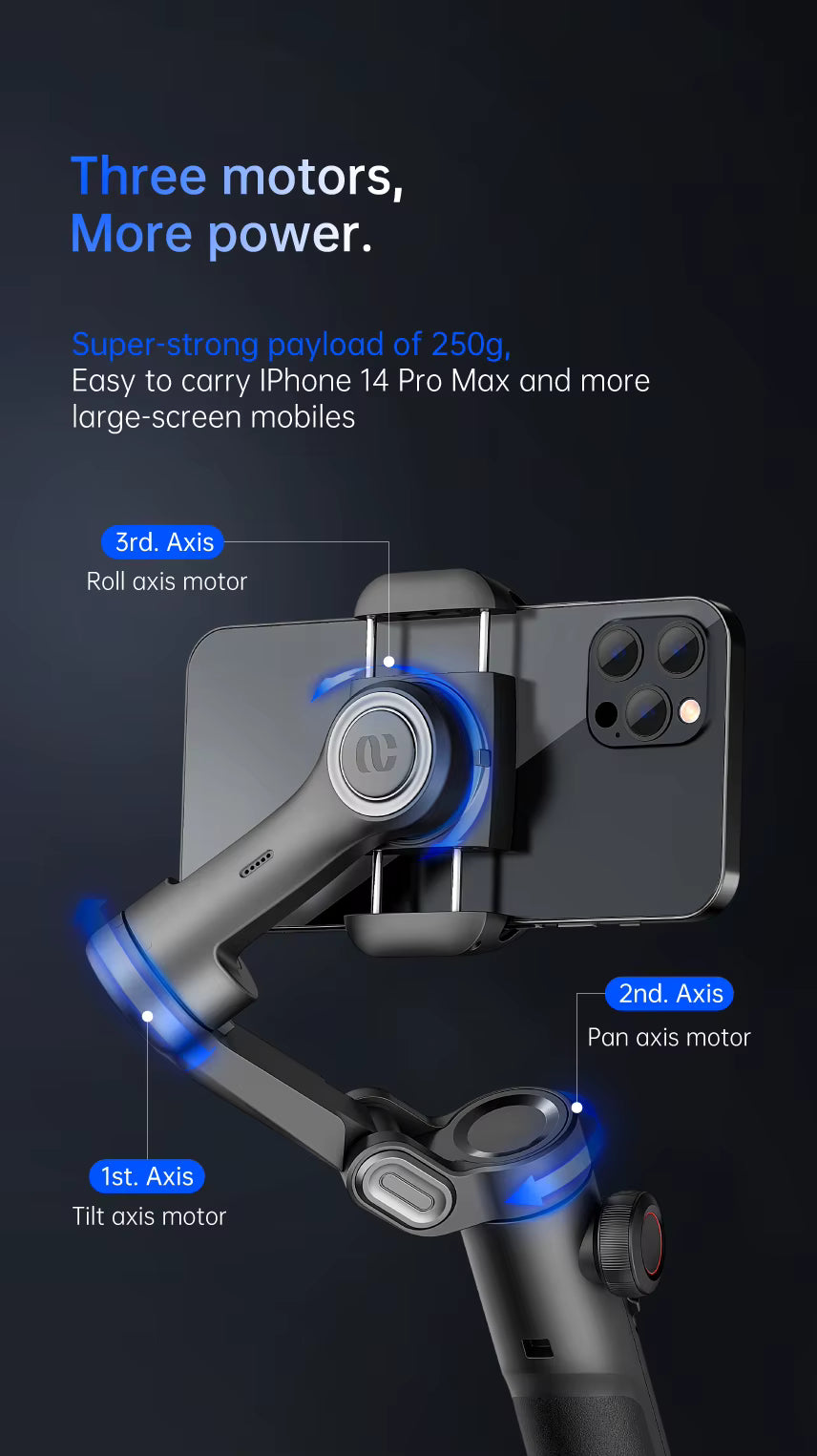 Estabilizador de mano AOCHUAN SmartXE de 3 ejes para smartphone, compatible con iPhone y Android, con seguimiento facial IA.