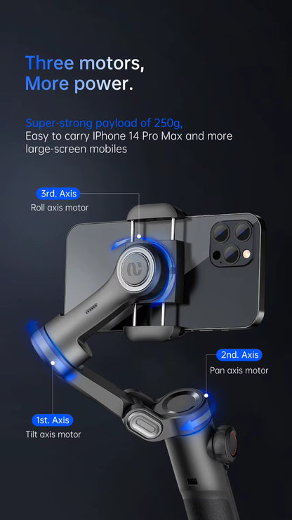 Estabilizador de mano AOCHUAN SmartXE de 3 ejes para smartphone, compatible con iPhone y Android, con seguimiento facial IA.