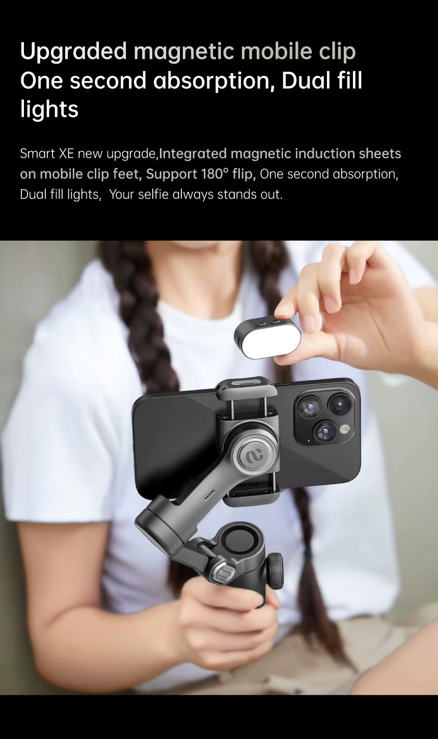 Estabilizador de mano AOCHUAN SmartXE de 3 ejes para smartphone, con seguimiento facial IA, compatible con iPhone y Android.