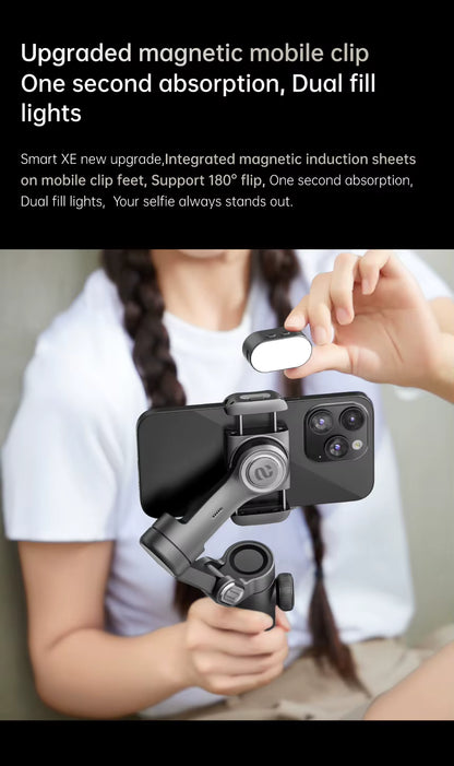 Estabilizador de mano AOCHUAN SmartXE de 3 ejes para smartphone, con seguimiento facial IA, compatible con iPhone y Android.