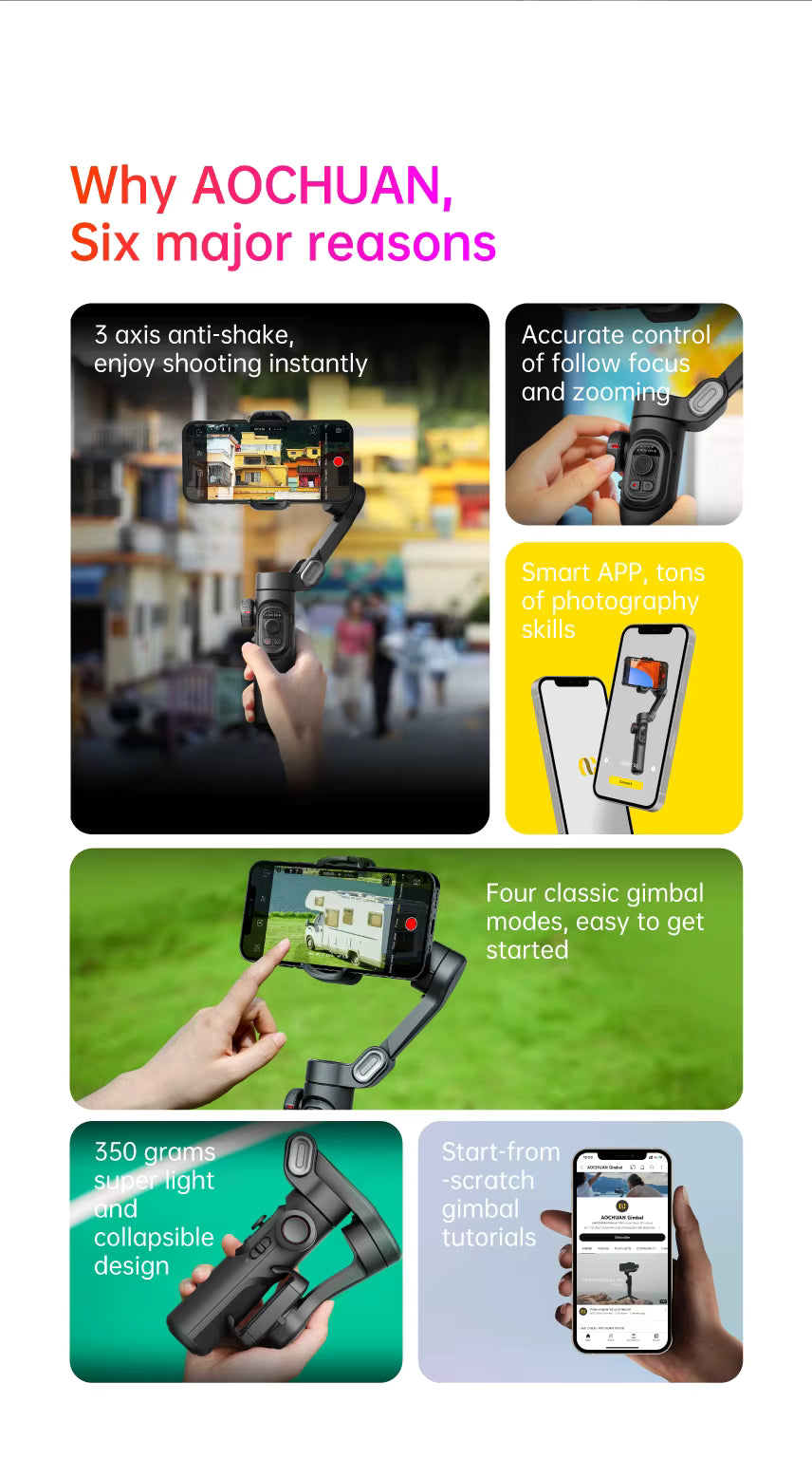 Estabilizador de mano AOCHUAN SmartXE de 3 ejes para smartphone, compatible con iPhone y Android, con seguimiento facial IA.