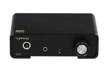 Convertidor DAC y amplificador TOPPING DX1 en negro, con salidas de audio de 6,35 mm y 3,5 mm, compatible con DSD256 y PCM 384 kHz.