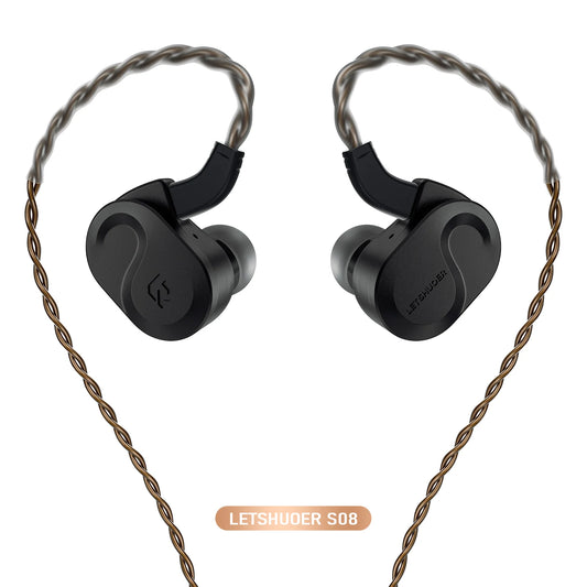 Auriculares in-ear LETSHUOER S08 con diafragma planar de 13mm y doble bobina para audio Hi-Fi, en color negro.