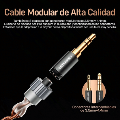 Auriculares in-ear LETSHUOER S08 con diafragma planar y doble bobina de 13 mm, diseño limpio y moderno.