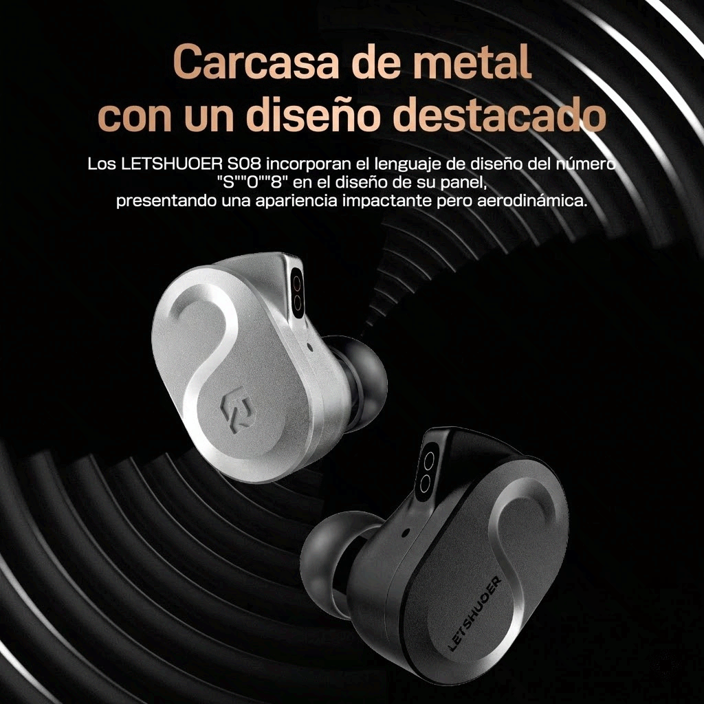 Auriculares in-ear LETSHUOER S08 con drivers planars de 13mm y doble bobina para audio Hi-Fi claros y detallados.