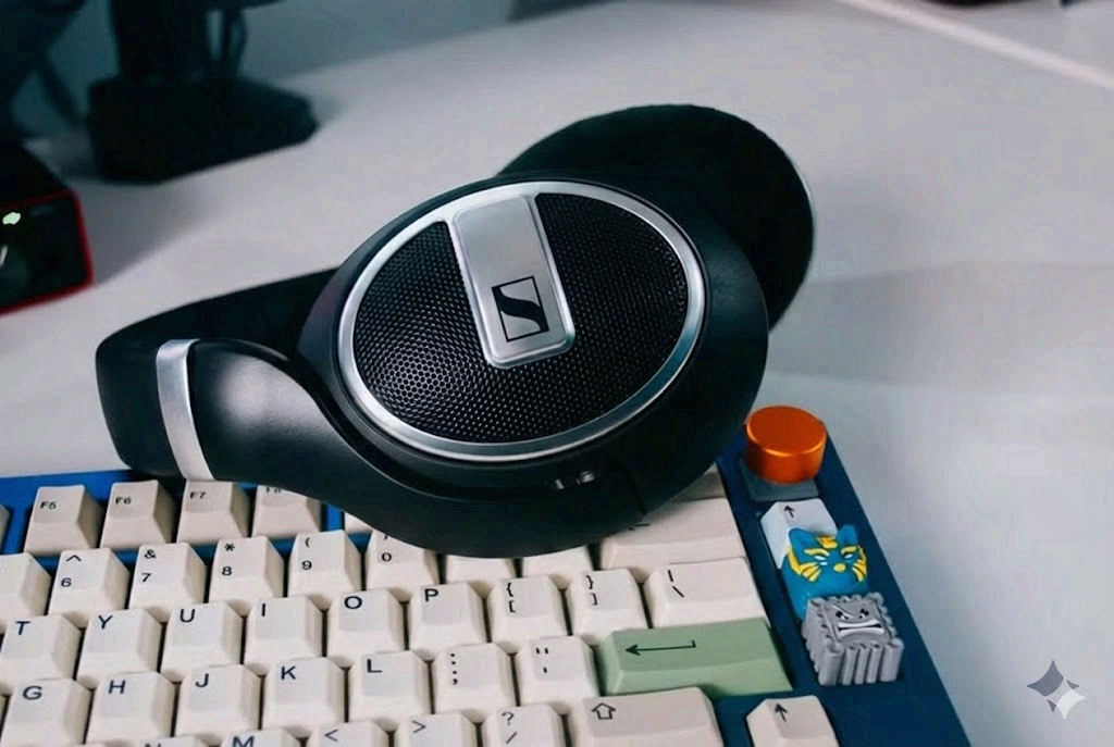 Auriculares abiertos Sennheiser HD 599 SE sobre oreja, diseño elegante y cómodo con auriculares de alta calidad.