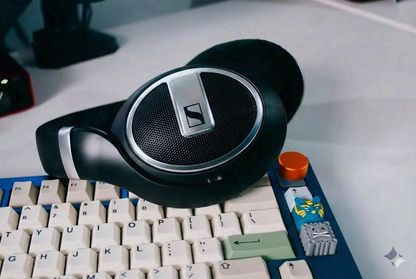 Auriculares abiertos Sennheiser HD 599 SE sobre oreja, diseño elegante y cómodo con auriculares de alta calidad.