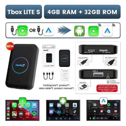 Caja Android TV CarlinKit LITE S con CarPlay y Android Auto inalámbricos, salida HDMI, compatible con Netflix e IPTV.