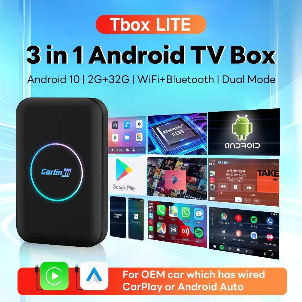 Caja Android TV CarlinKit LITE S con CarPlay y Android Auto inalámbrico, salida HDMI para Netflix e IPTV.