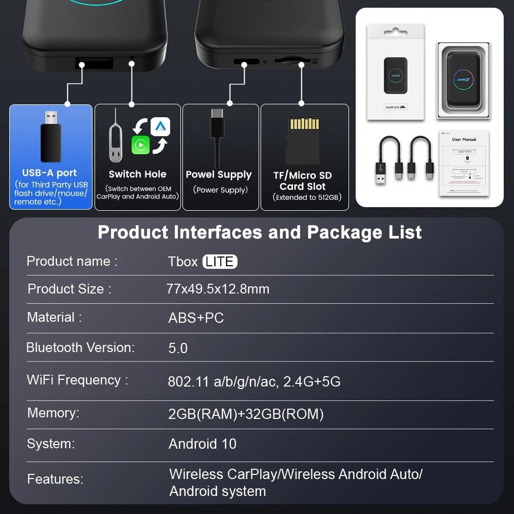 Caja de Android TV CarlinKit LITE S de CARLINKIT con CarPlay y Android Auto inalámbrico, salida HDMI, compatible con Netflix e IPTV.