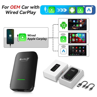 Caja de tecnología Carlinkit LITE S con CarPlay inalámbrico, Android Auto y salida HDMI para Android TV Box.
