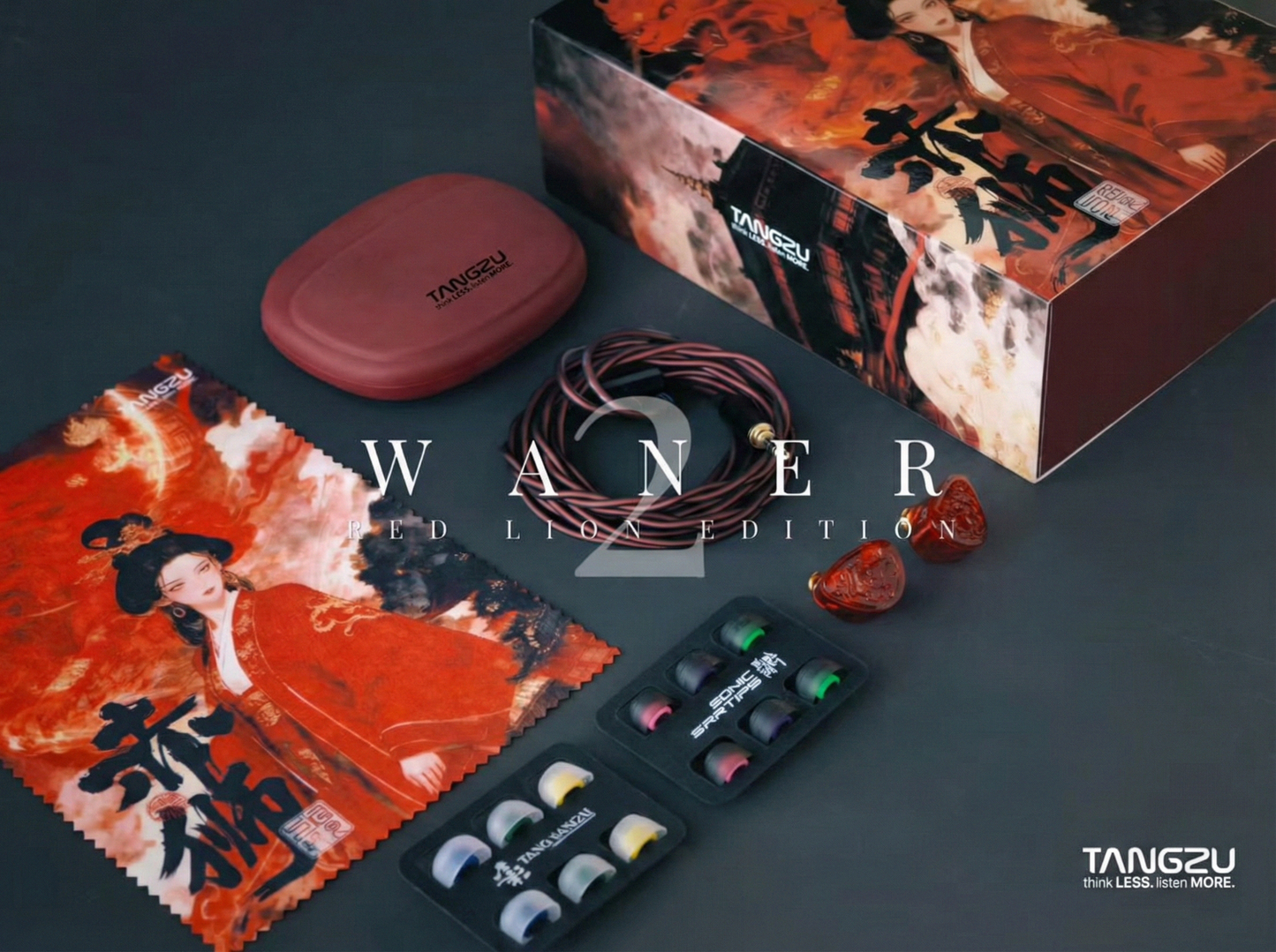 Auriculares in-ear TANGZU Wan’er S.G II Edición Red Lion versión de graves en color rojo, con diseño detallado y cables incluidos.